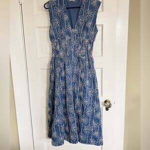 Aureum Zip Blue and White Floral Midi Dress similar to Anthropologie Tommie